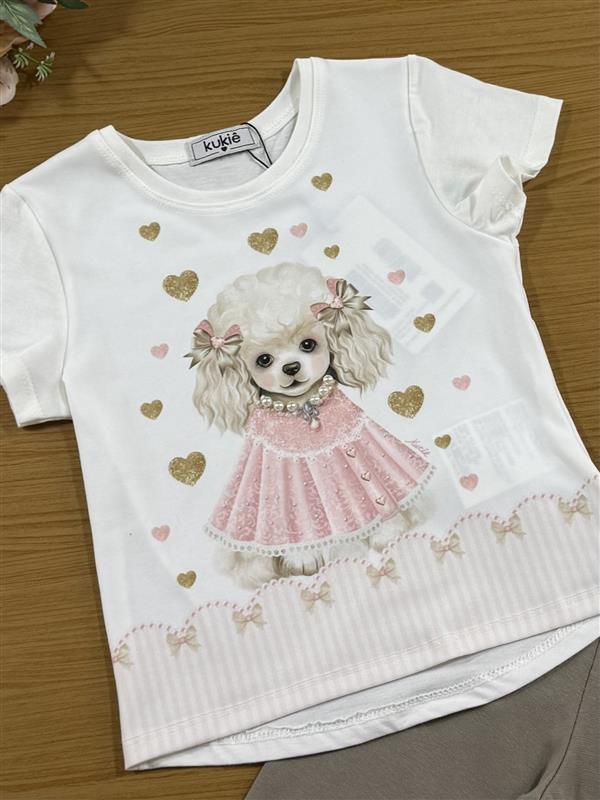 Conjunto Infantil Kukiê com Shorts Ciclista Bege e Blusa Manga Curta Cachorrinha