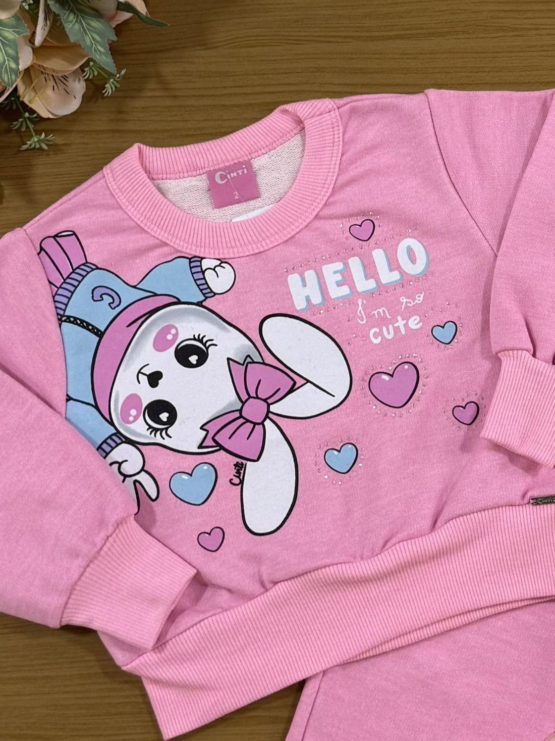 Conjunto Infantil Cinti Inverno com Calça e Casaco Rosa Coelhinha com Strass