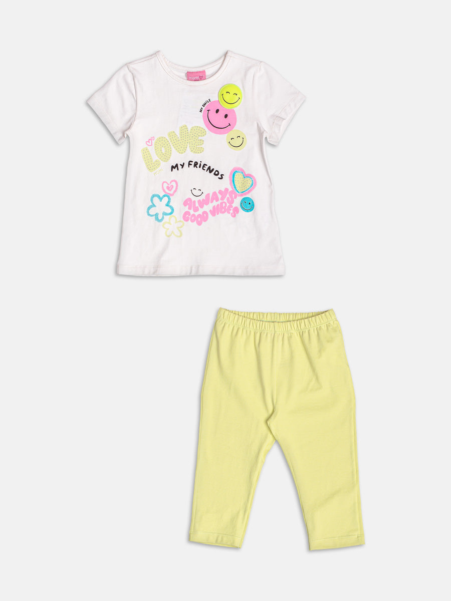 Conjunto Infantil Momi Verão com Legging Amarela e Blusa Branca Emoji My Friends