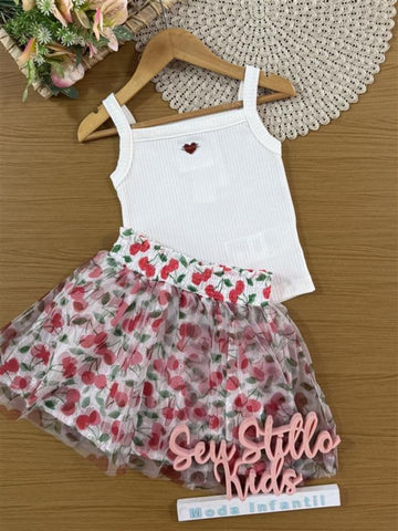 Conjunto Infantil Momi Verão com Saia em Tule Cerejinha e Regata Branca