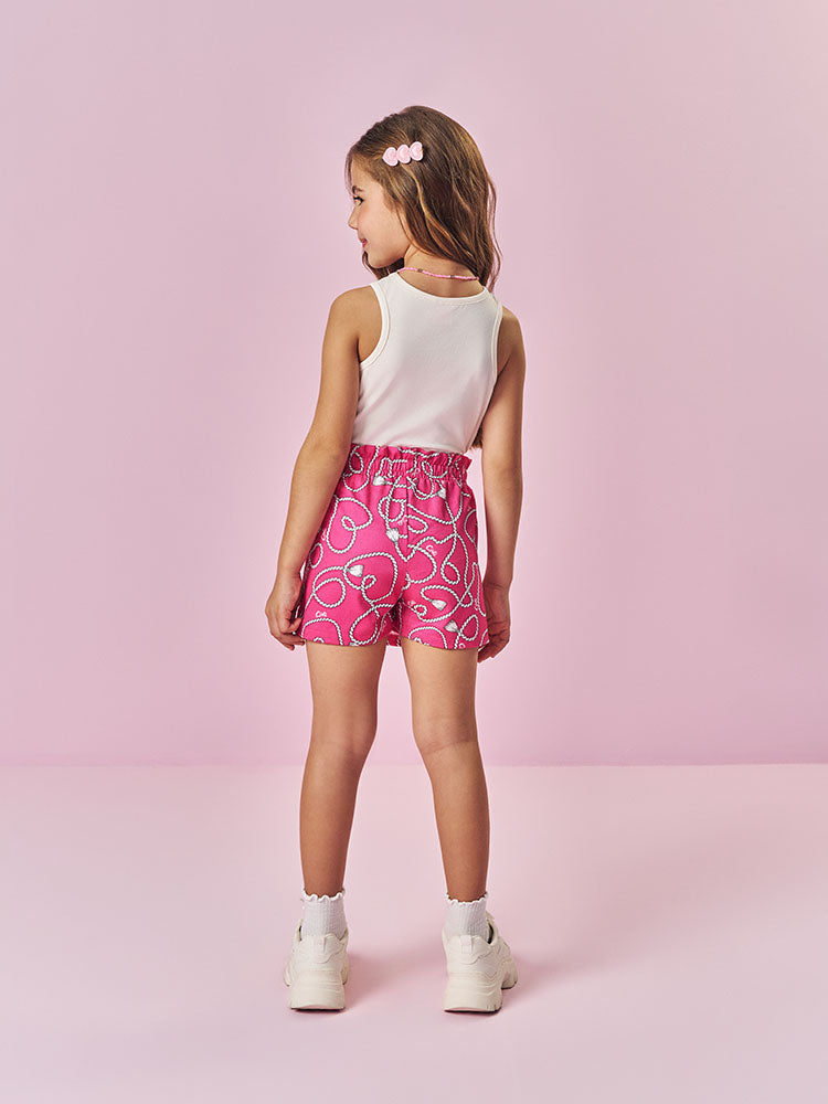 Conjunto Infantil Cinti Verão com Shorts Saia Rosa e Regata Branca Coração com Strass