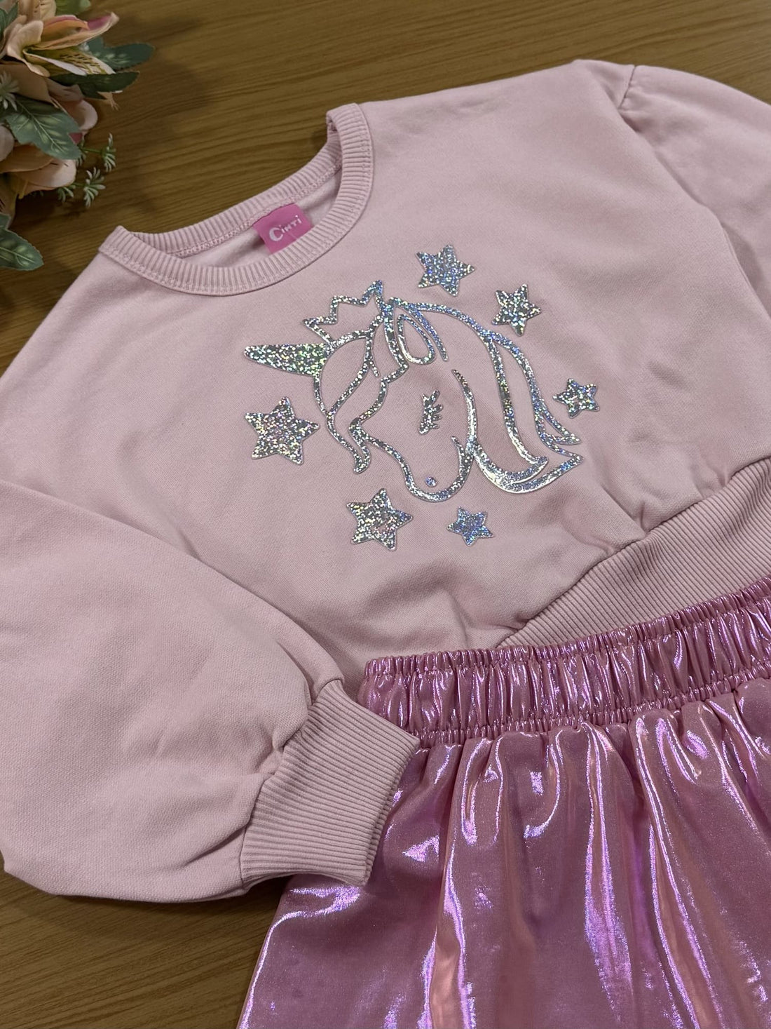 Conjunto Infantil Cinti Inverno Saia e Moletom Flanelado Rosa Unicórnio