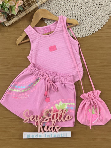 Conjunto Infantil Cinti Verão, Shorts Saia e Regata Rosa com Bolsinha