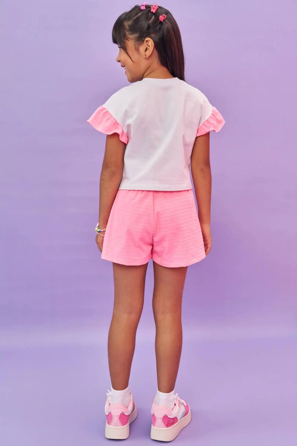 Conjunto Infantil Kukie Verão Shorts Rosa e Blusa Boxy Gatinha Milk Shake