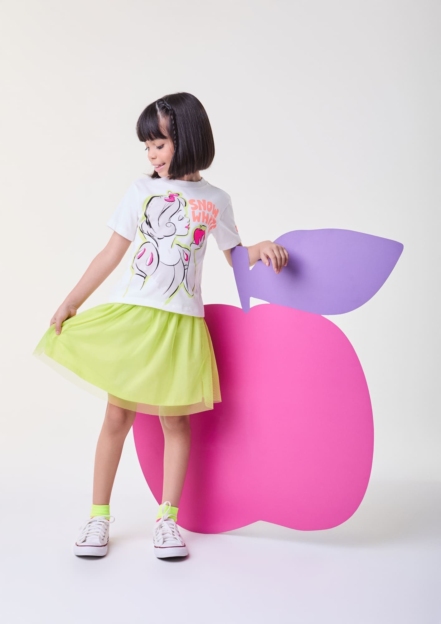 Conjunto Infantil Bimbi Verão com Saia em Tule Verde e Blusa Branca de Neve Disney