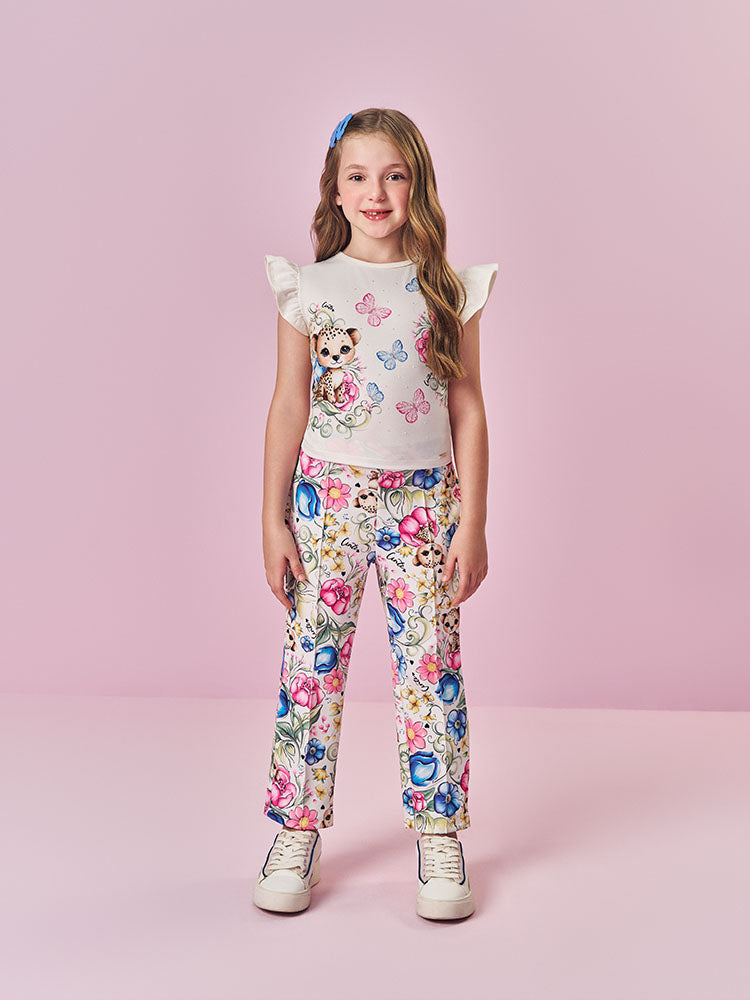 Conjunto Infantil Cinti Verão com Calça e Blusa Branca Oncinha Floral