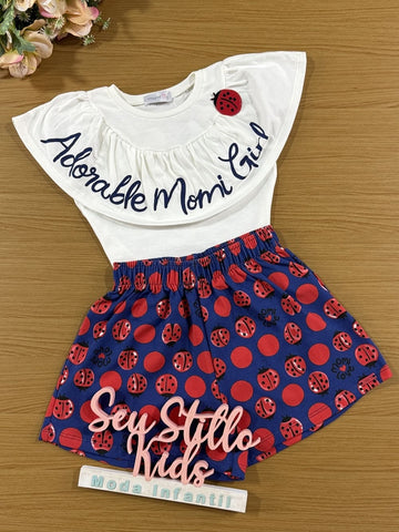 Conjunto Infantil Momi Verão Shorts Azul Joaninha e Blusa