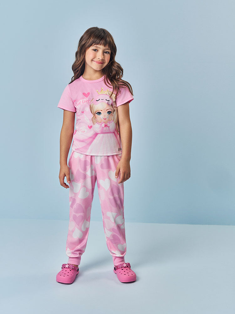 Pijama Infantil Cinti Verão com Calça e Blusa Rosa Princesinha Hora de Dormir