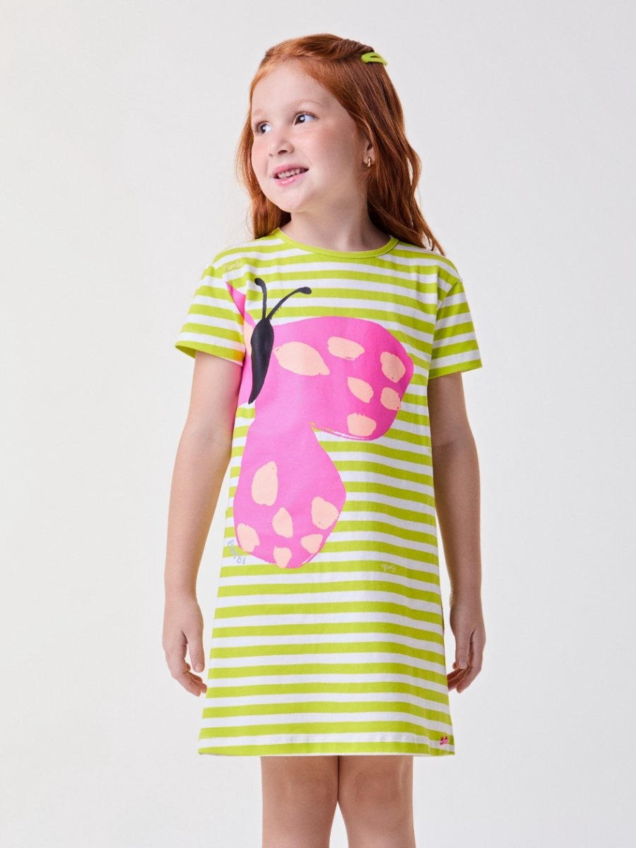 Vestido Infantil Bimbi Verão Verde Listrado Borboletinha