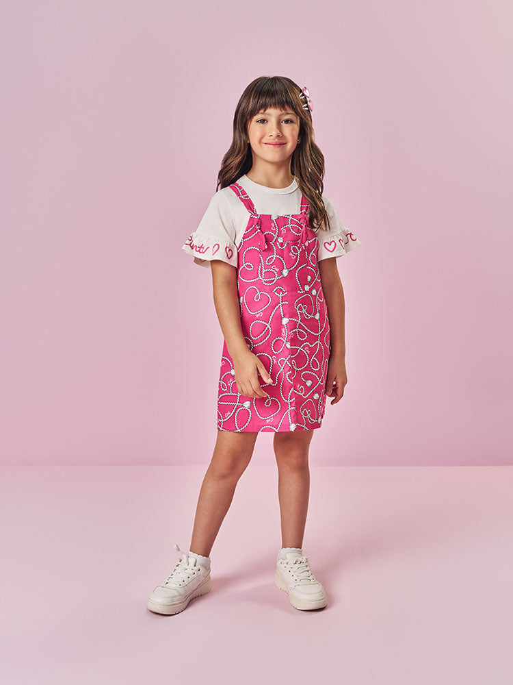 Salopete Infantil Cinti Verão Rosa Laço 3D e Blusa Branca Corações