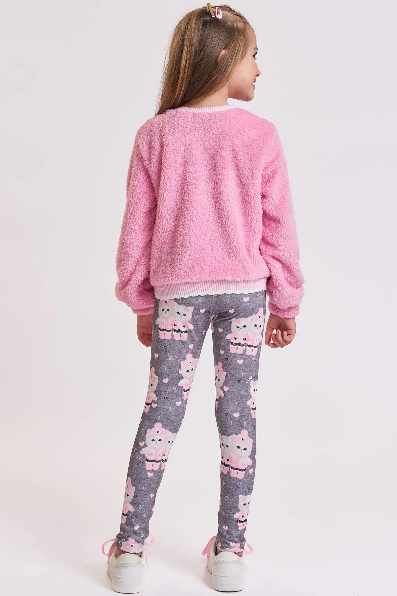 Conjunto Infantil Kukiê Inverno com Calça Legging e Moletom Rosa Gatinha