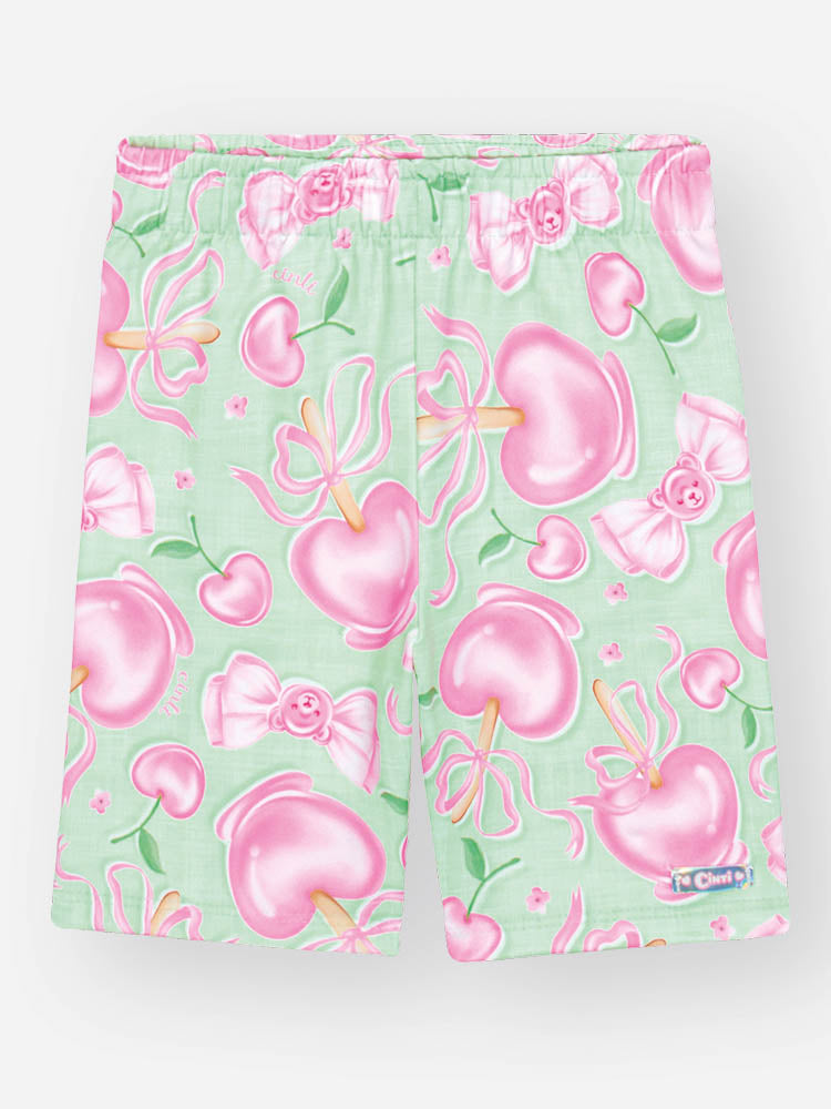 Conjunto Infantil Cinti Verão com Shorts Ciclista Verde e Blusa Branca Ursinha Believe