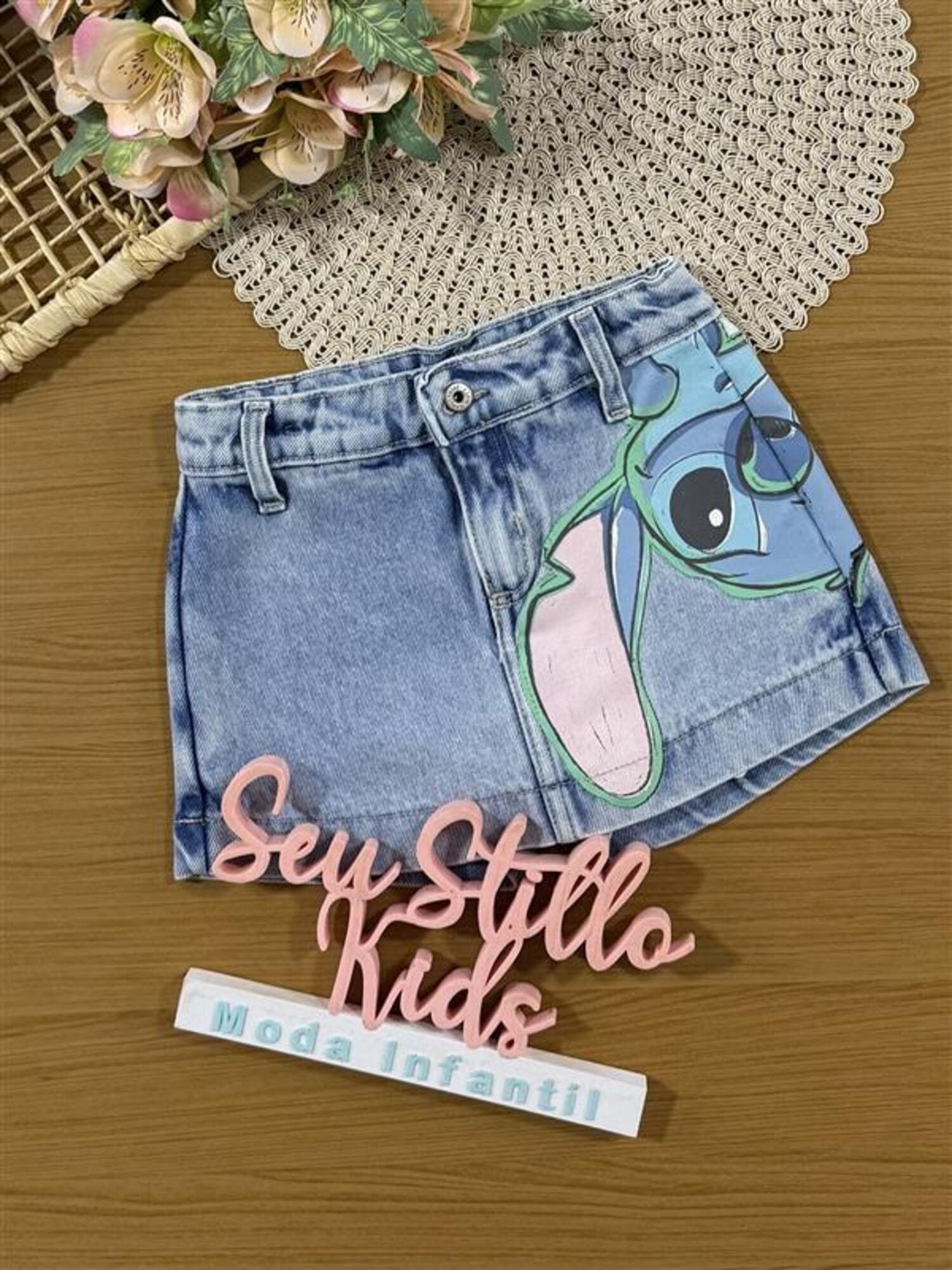 Shorts Saia infantil Animê Jeans Stitch Disney