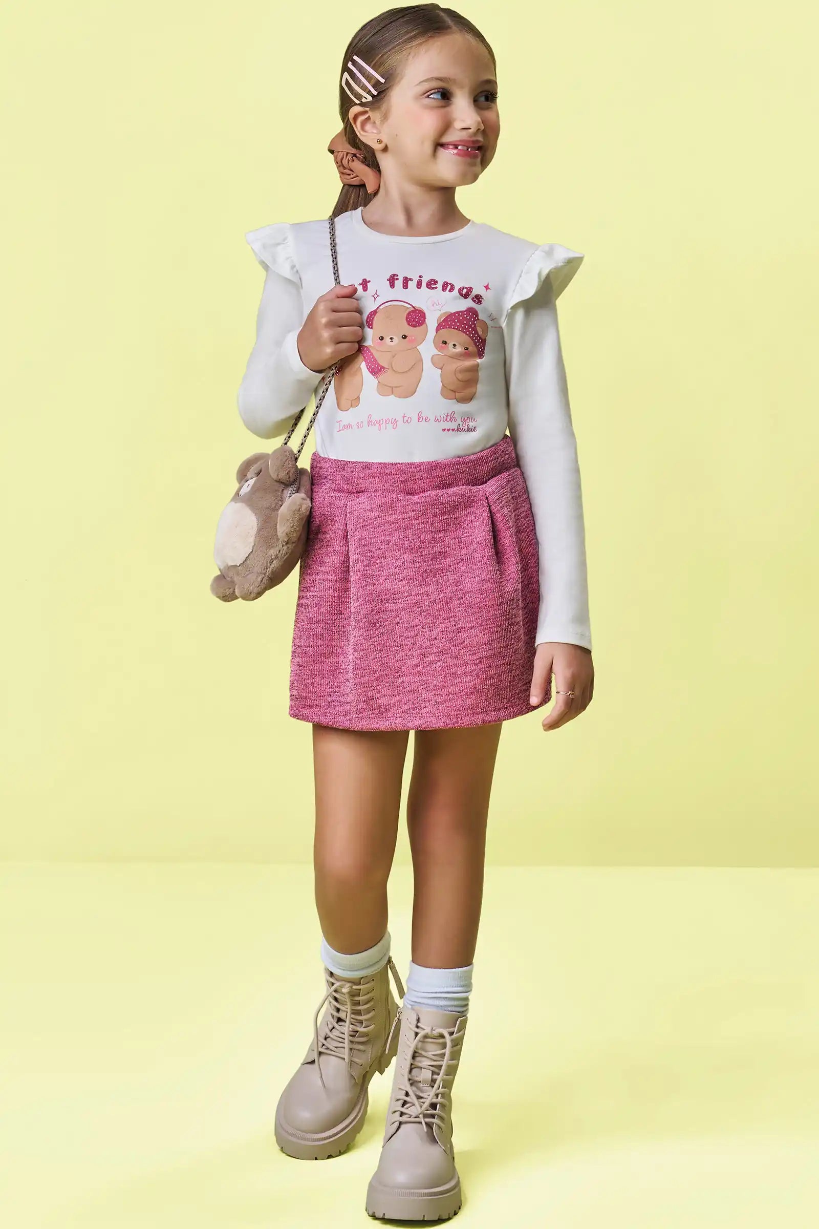 Conjunto Infantil Kukiê Inverno com Shorts Saia Rosa e Blusa Manga Longa Ursinha Best Friends