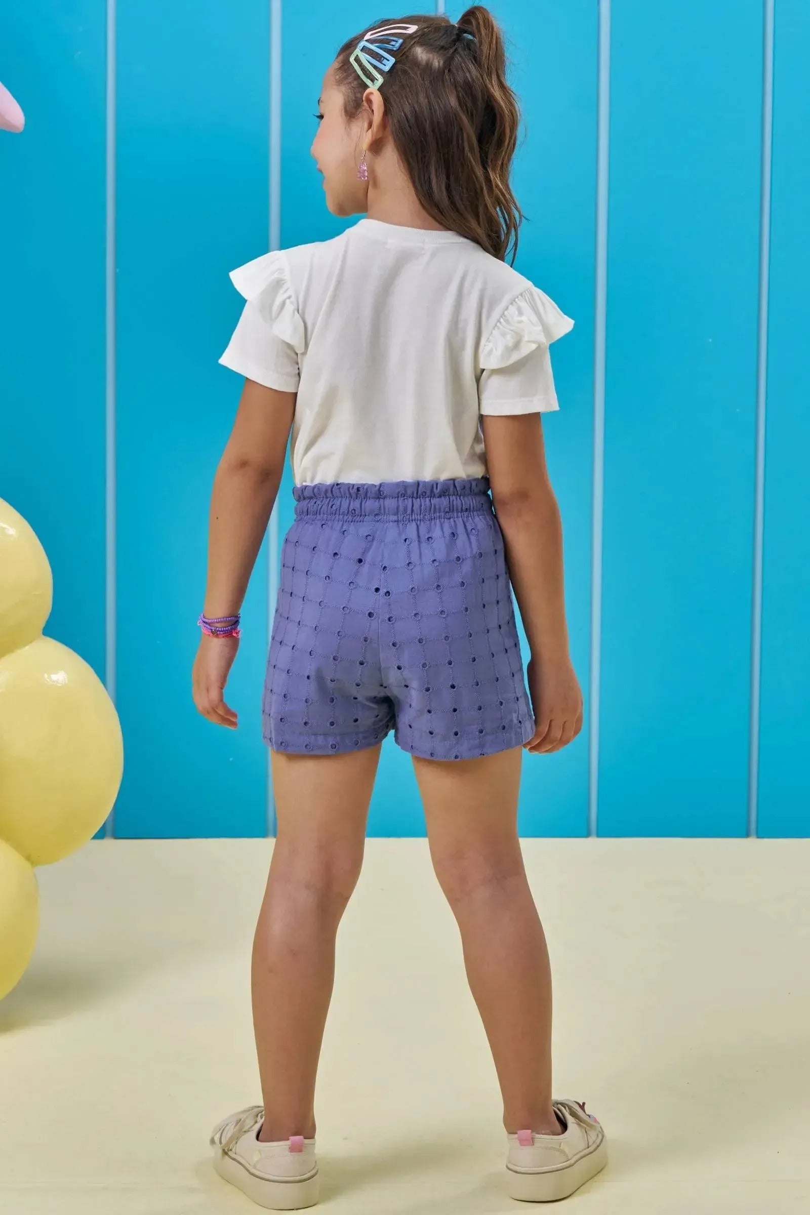 Conjunto Infantil Menina Kukiê com Shorts em Laise Azul e Blusa Branca Ursinhas
