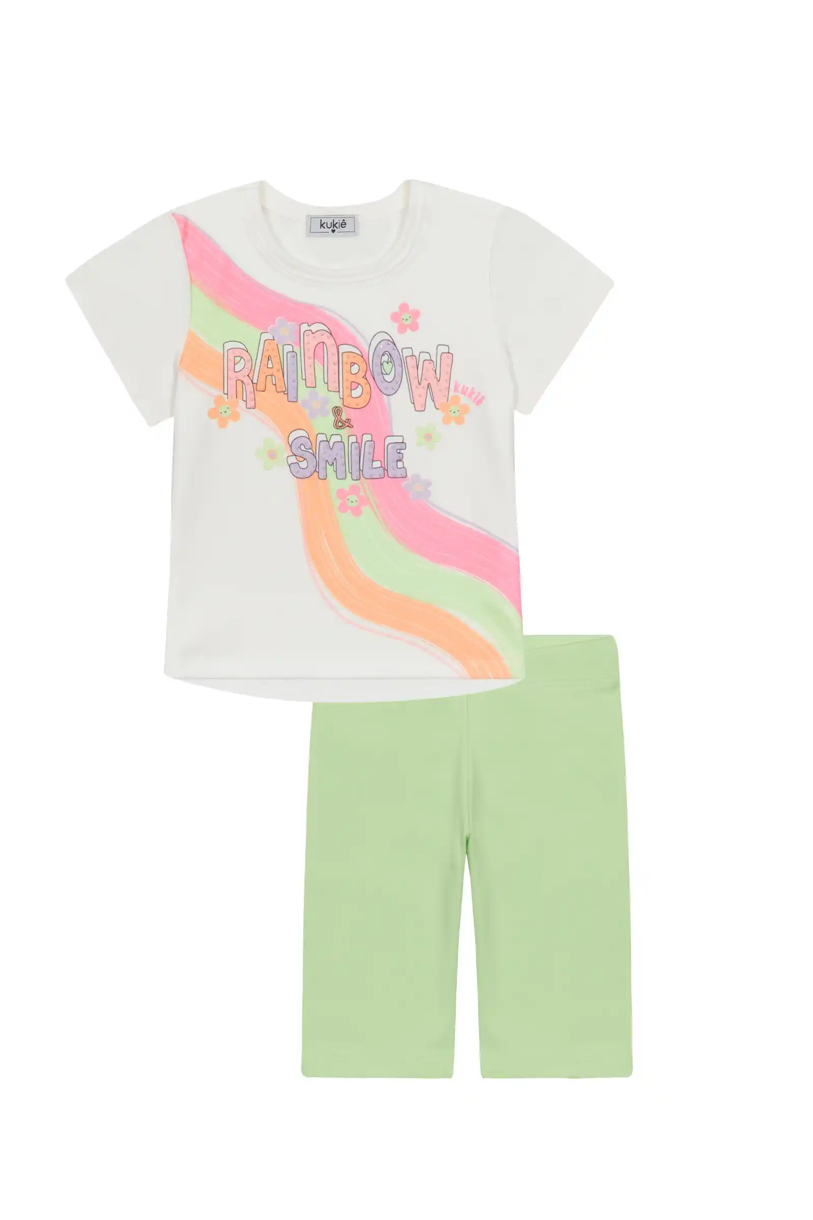 Conjunto Infantil Kukiê com Shorts Verde Ciclista e Blusa Manga Curta Arco-íris