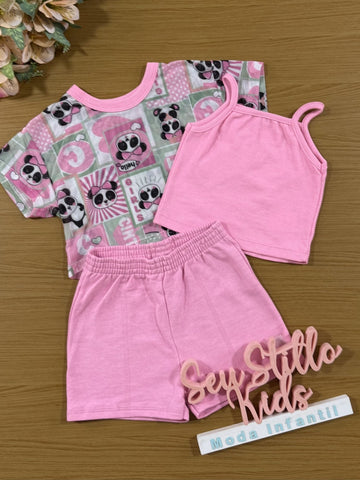 Conjunto Infantil Cinti Inverno Shorts e Cropped Rosa com Sobreposição Pandinha
