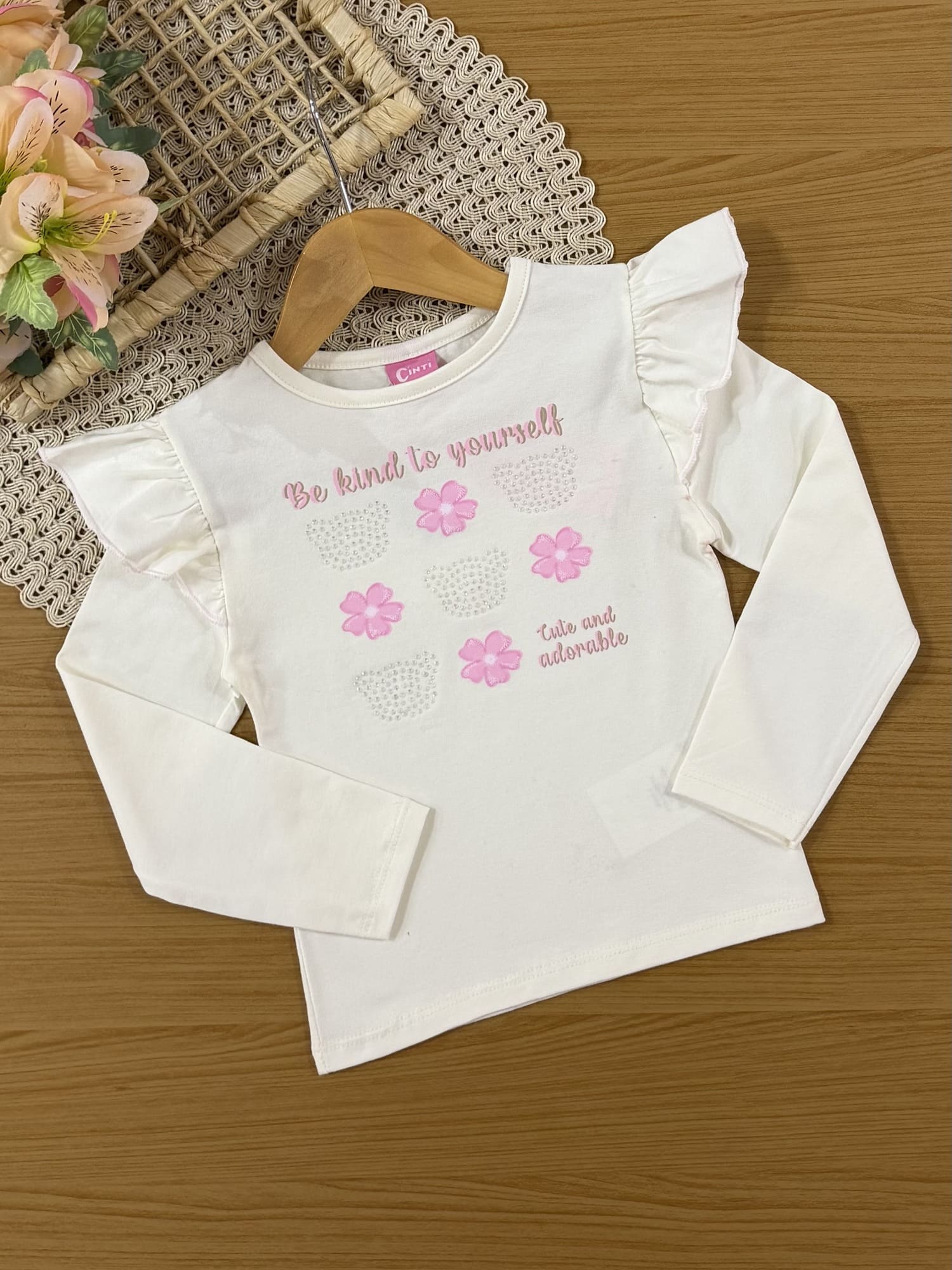 Conjunto Infantil Cinti Inverno com Saia em Tule e Blusa Manga Longa Florzinha Strass