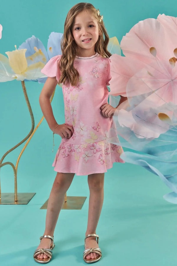 Vestido Infantil Kukiê Verão Rosa Borboletas