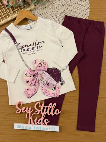 Conjunto Infantil Momi Inverno, Calça Legging Vinho e Blusa Manga Longa Bolsinha 3D com Laço