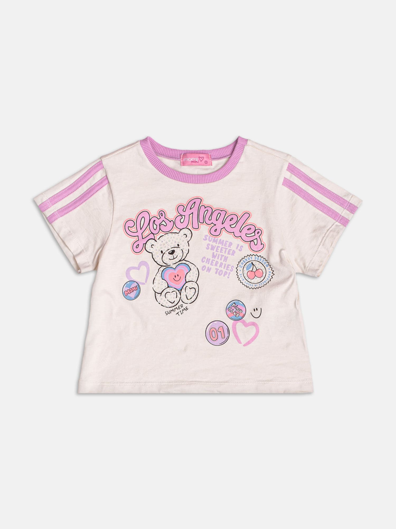 Conjunto Infantil Momi Verão com Shorts Lilás e Blusa Bege Los Angeles