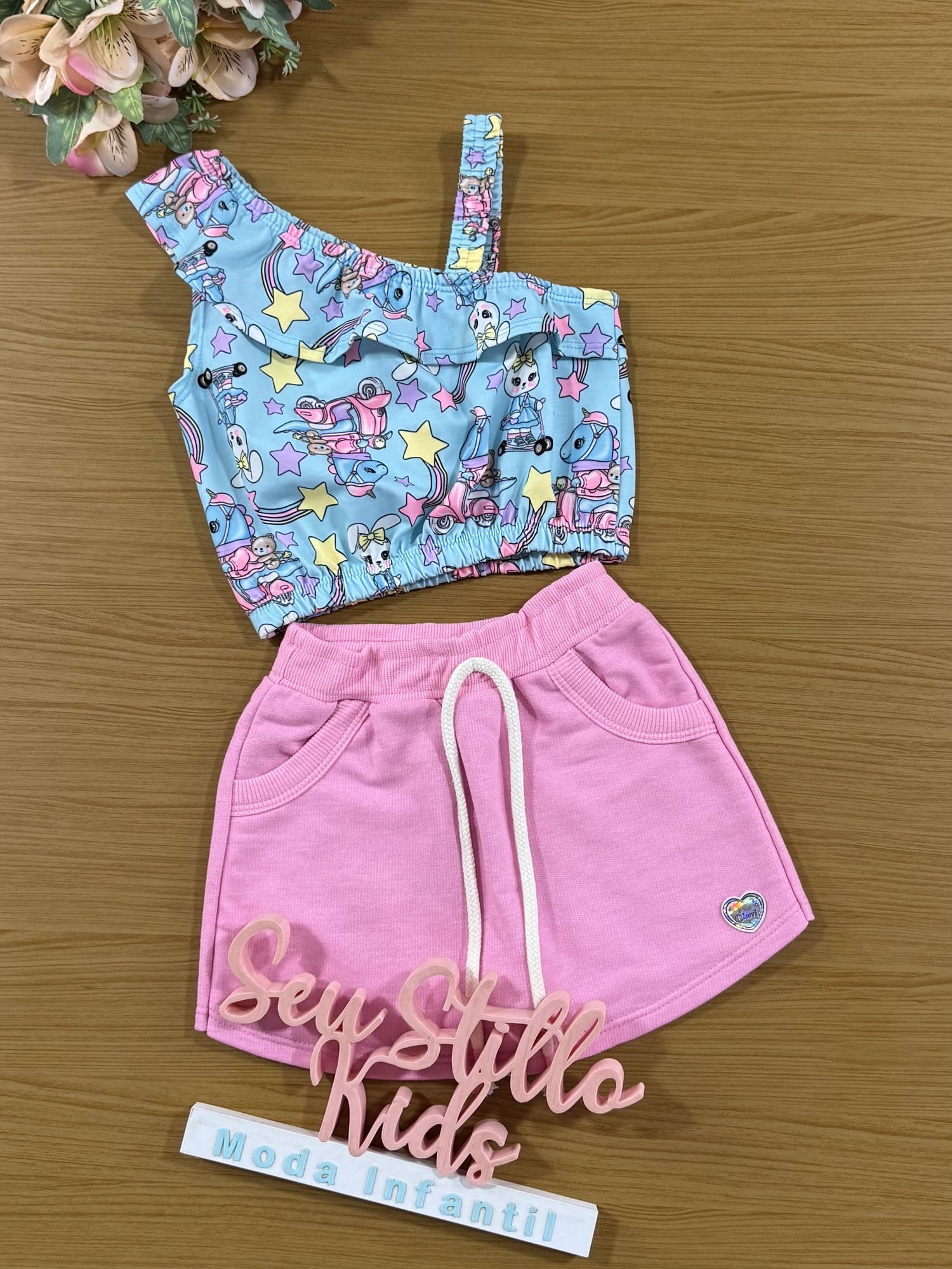 Conjunto Infantil Cinti Shorts Saia e Cropped Azul Coelhinha
