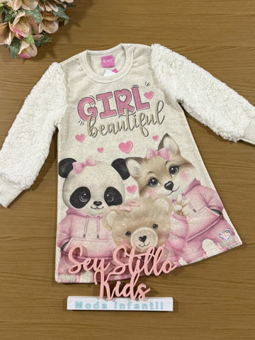 Vestido Infantil Cinti Inverno Off White Bichinhos Beautiful