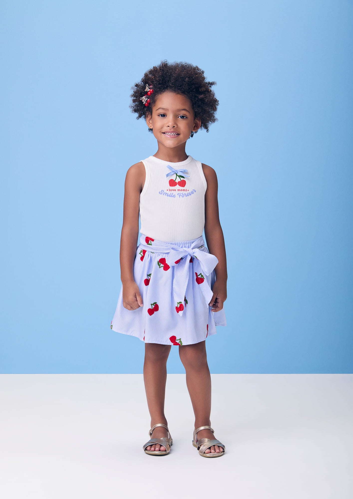 Conjunto Infantil Momi Verão com Saia Azul Listrada e Regata  Branca Cereje