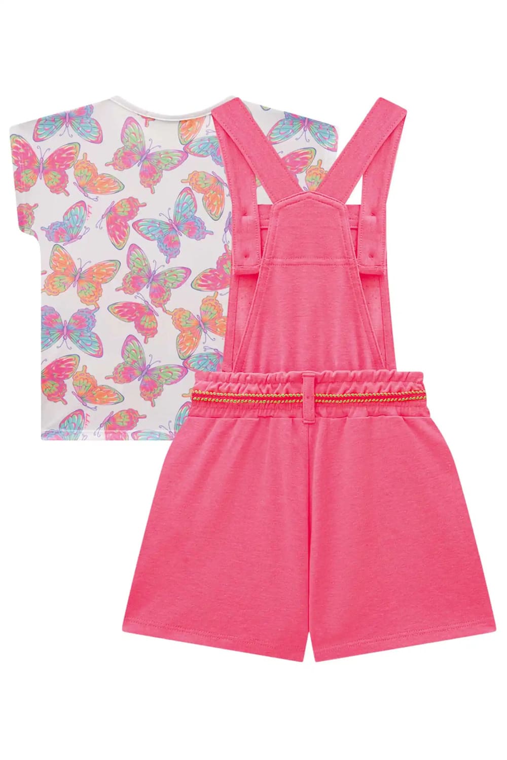 Jardineira Infantil Kukie Verão Rosa Com Blusa Borboletas