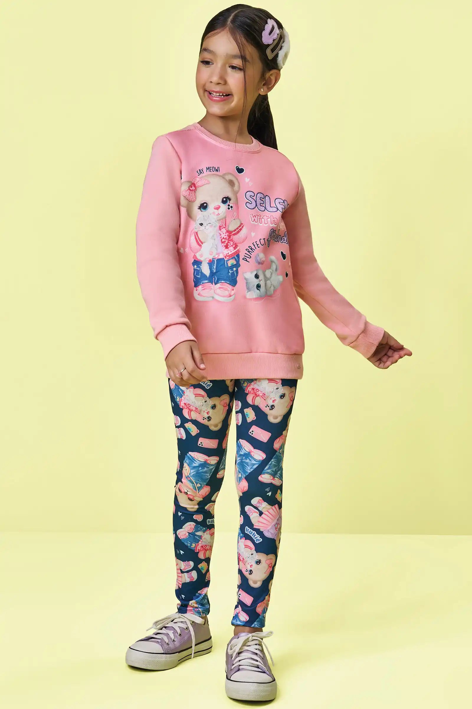 Conjunto Infantil Kukiê Inverno com Calça Legging Azul e Moletom Flanelado Ursinha Selfie