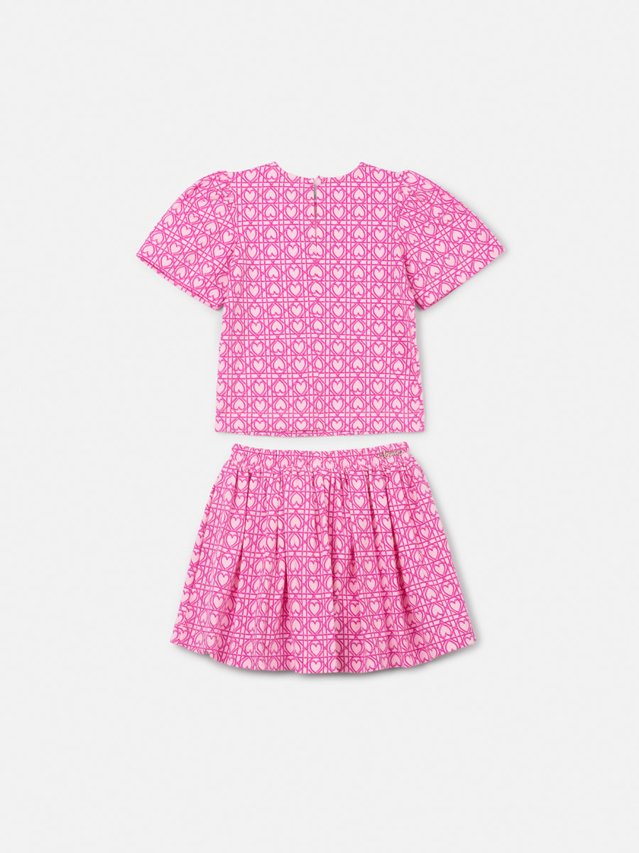 Conjunto Infantil Animê com Saia e Blusa Rosa Corações
