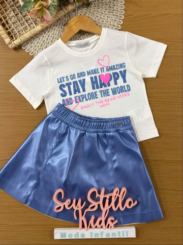 Conjunto Infantil Momi Inverno com Saia Azul e Blusa Manga Curta Stay Happy