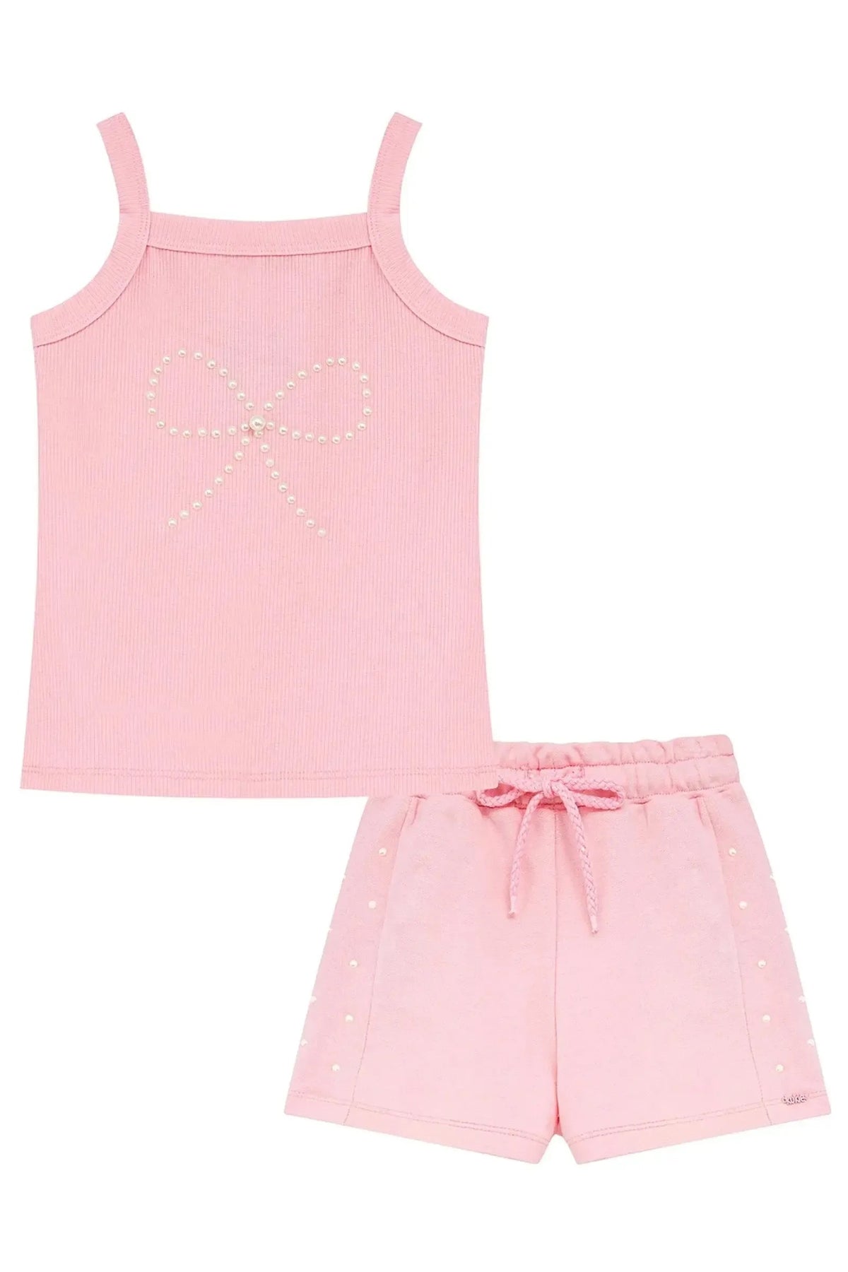 Conjunto Infantil Menina Kukiê com Shorts e Blusa Rosa Lacinho Pérolas