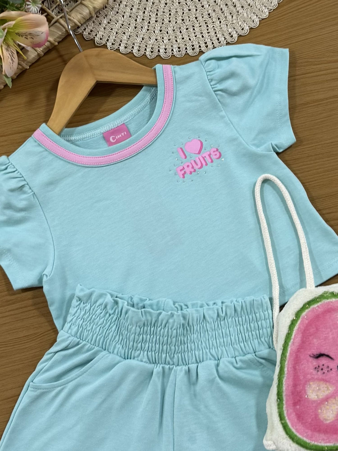 Conjunto Infantil Cinti Verão com Shorts e Blusa Azul Fruits com Bolsinha