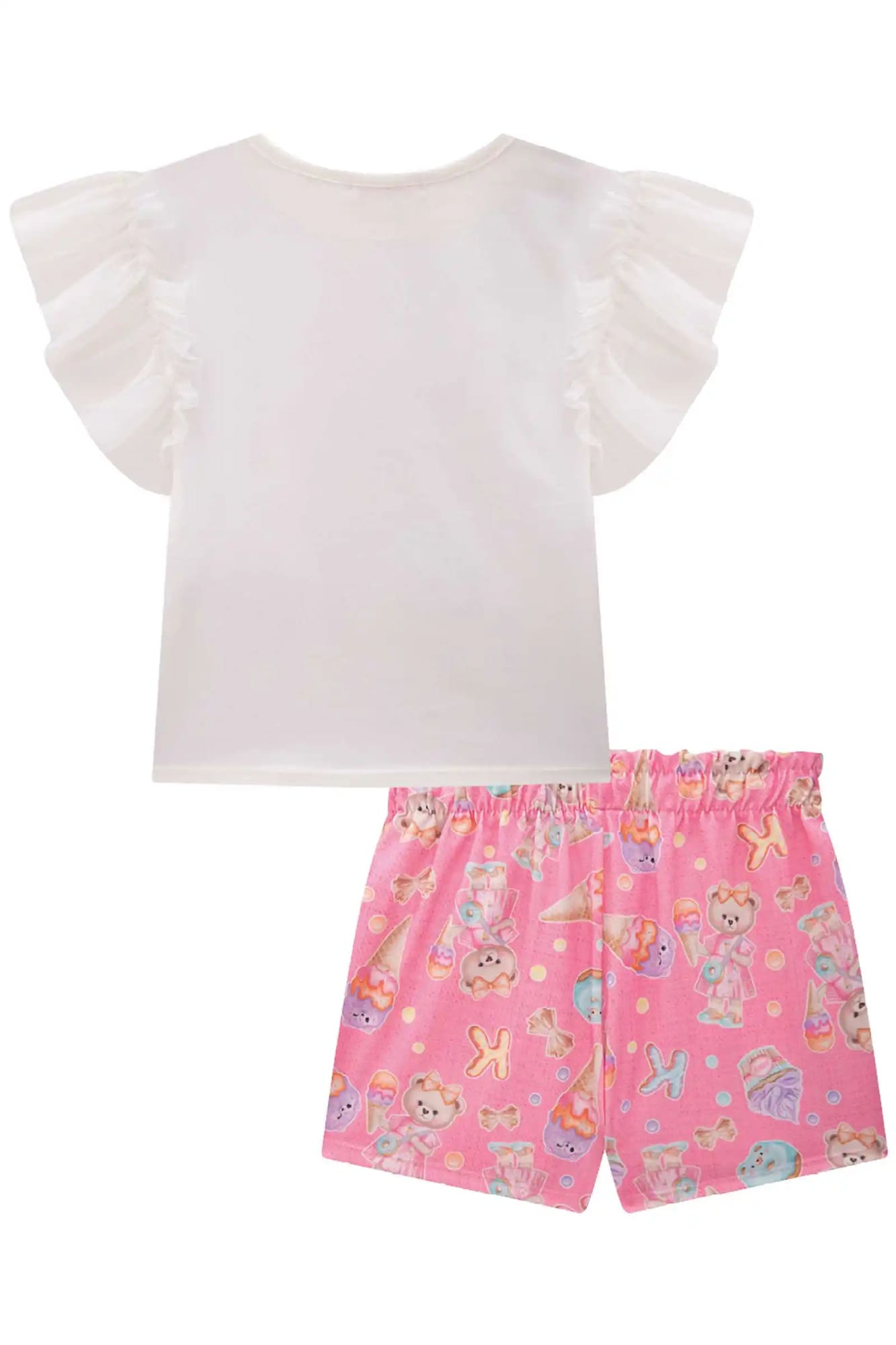 Conjunto Infantil Kukiê Inverno com Shorts Saia Rosa e Blusa Branca Sorvetinho