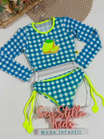 Biquíni Infantil Siri Kids Manga Longa Xadrez Azul Jessica Vichy Limão 43246