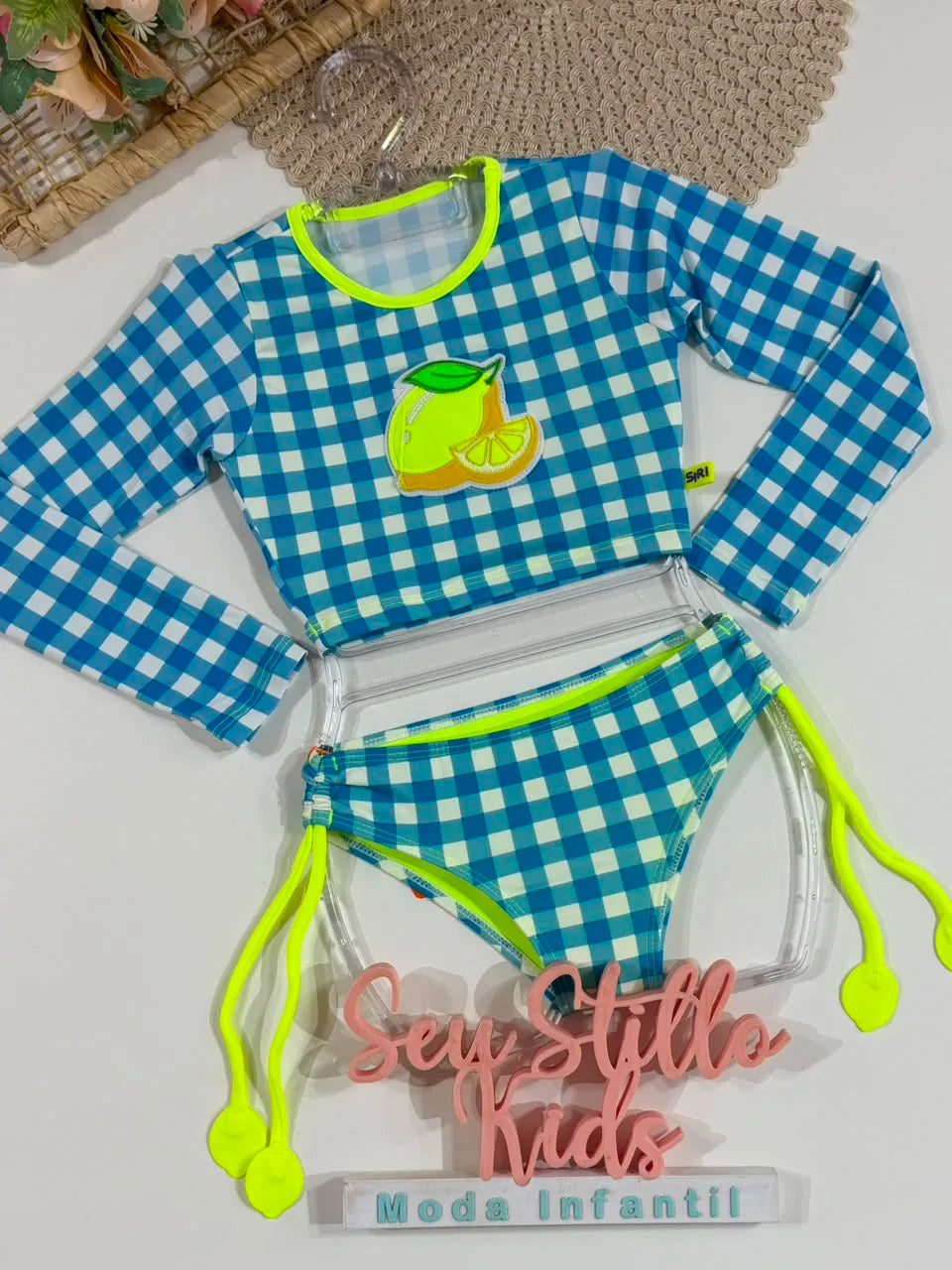 Biquíni Infantil Siri Kids Manga Longa Xadrez Azul Jessica Vichy Limão 43246