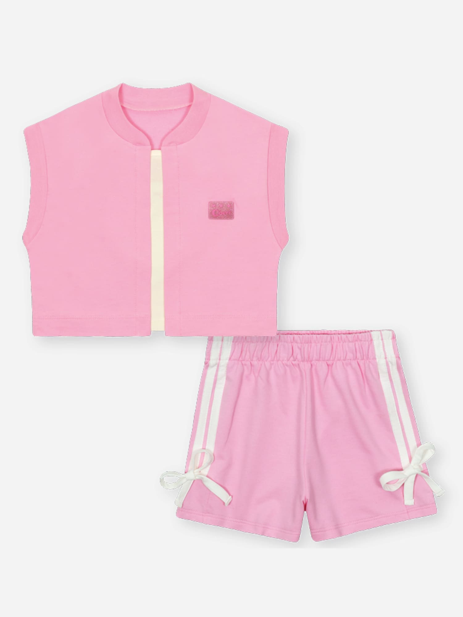 Conjunto Infantil Cinti Verão com Shorts e Colete Rosa Cachorrinha e Cropped Branco