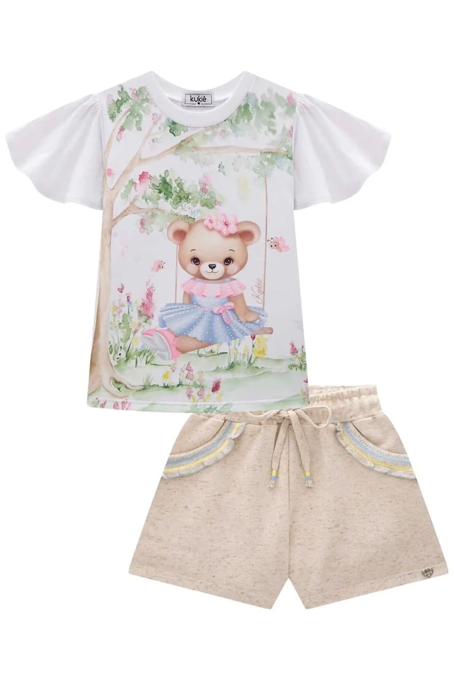 Conjunto Infantil Kukiê Verão Shorts e Blusa Ursinha Floresta