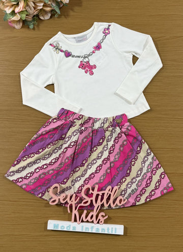 Conjunto Infantil Momi Inverno com Saia Colorida Corações e Blusa Manga Longa