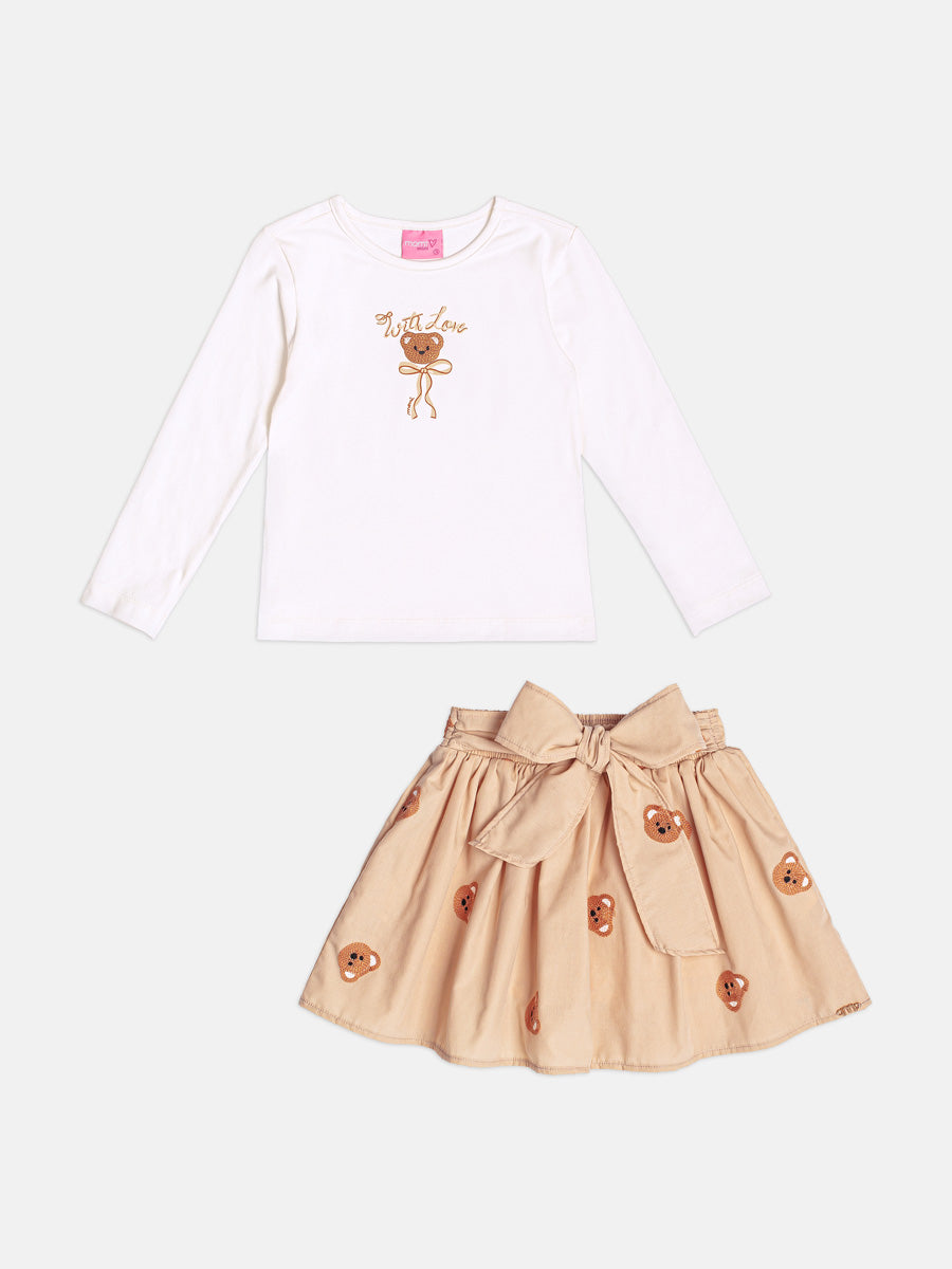 Conjunto Infantil Momi Inverno com Saia Bege e Blusa Branca Ursinho