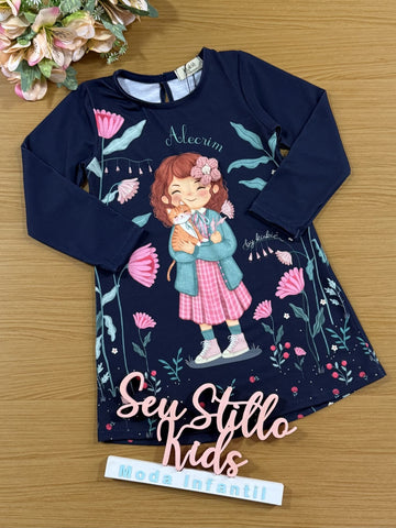 Vestido Infantil Kukie Inverno Azul Marinho Menina no Campo