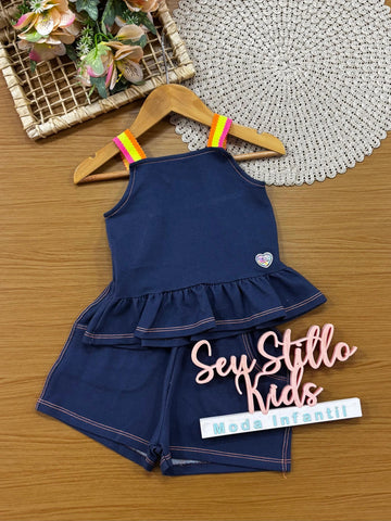 Conjunto Infantil Menina Cinti com Shorts e Blusa Azul Marinho