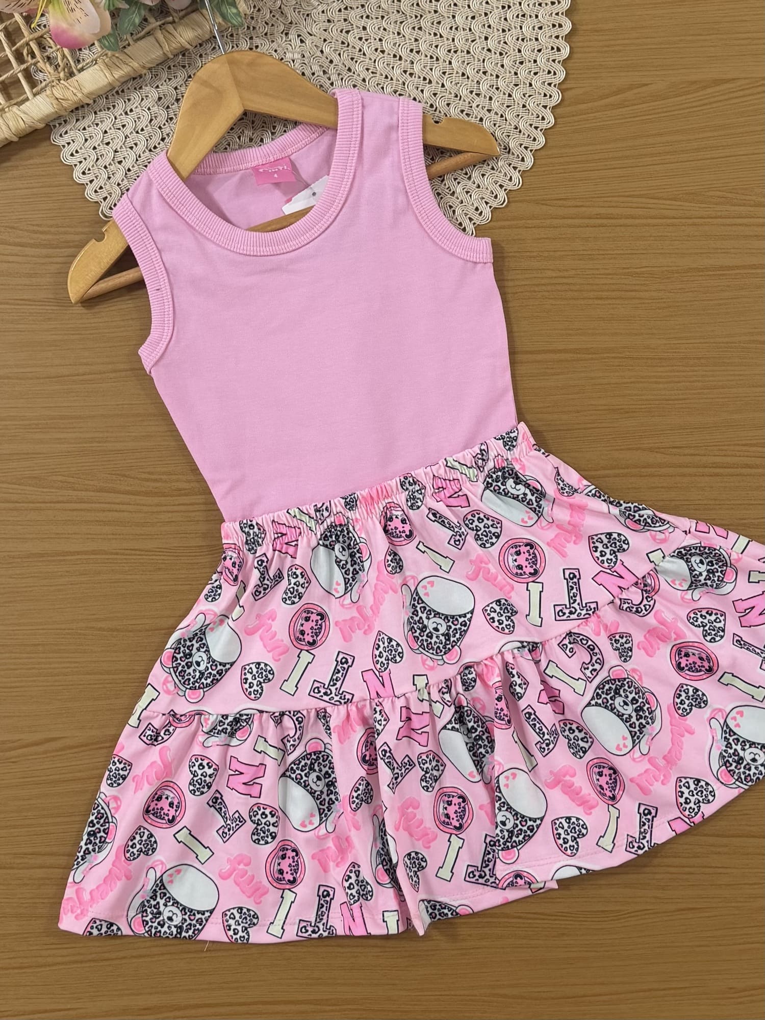 Vestido Infantil Cinti Inverno Rosa com Moletom sem Flanela Verde Happy
