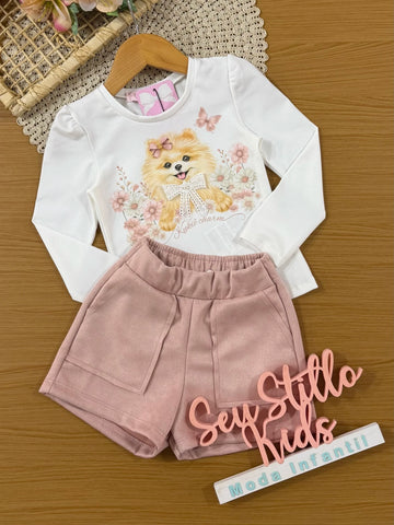 Conjunto Infantil Kukiê Inverno com Shorts Rosa e Blusa Manga Longa Cachorrinha Lacinho