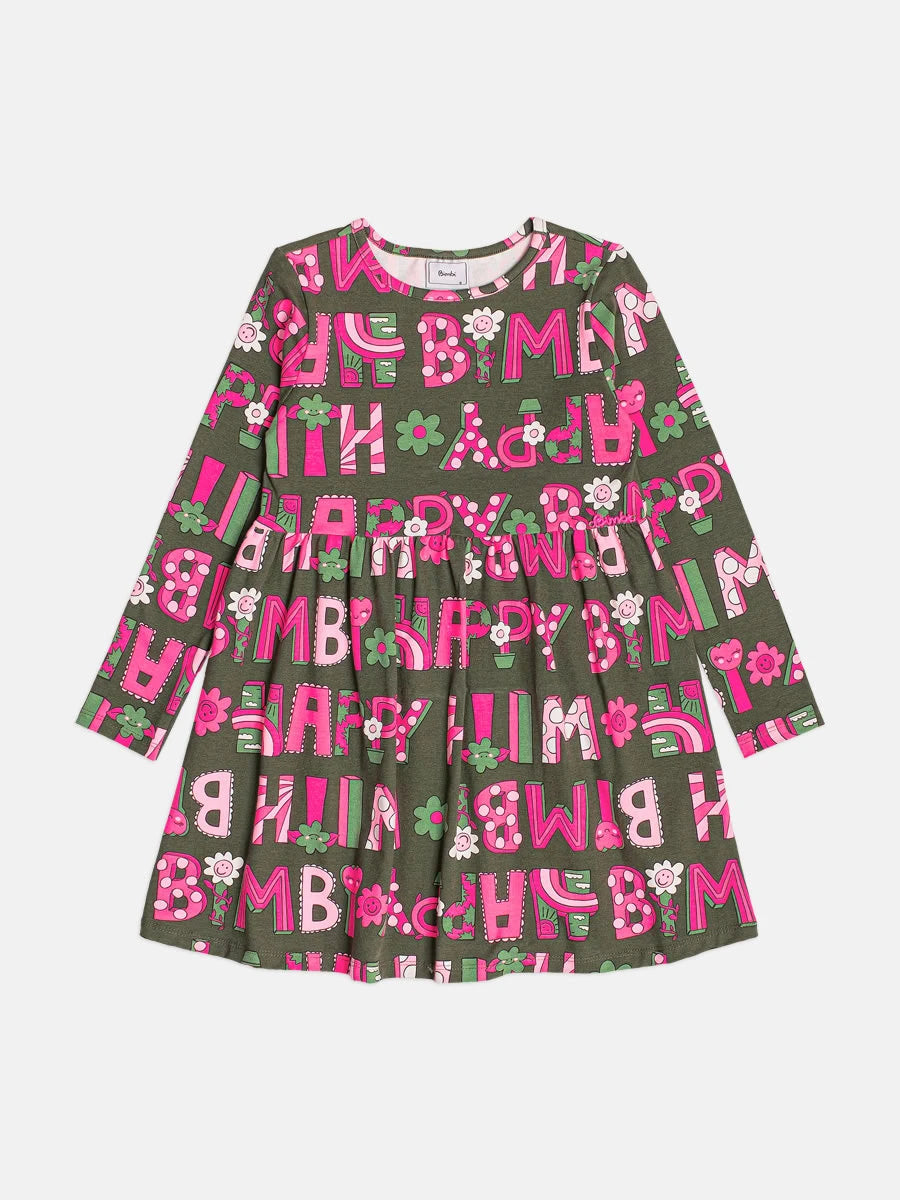 Vestido Infantil Bimbi Inverno Verde Lettering Florzinha
