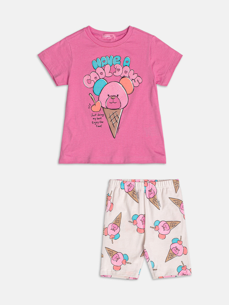 Conjunto Infantil Momi Verão com Shorts Ciclista Bege e Blusa Rosa Ursinho Sorvete
