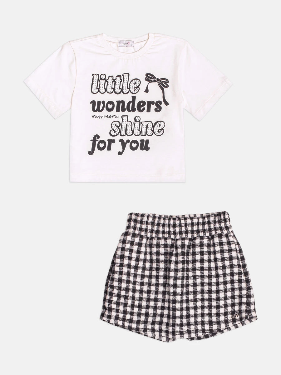 Conjunto Infantil Momi Inverno Shorts Saia Xadrez e Blusa Manga Curta Little Wonders Shine