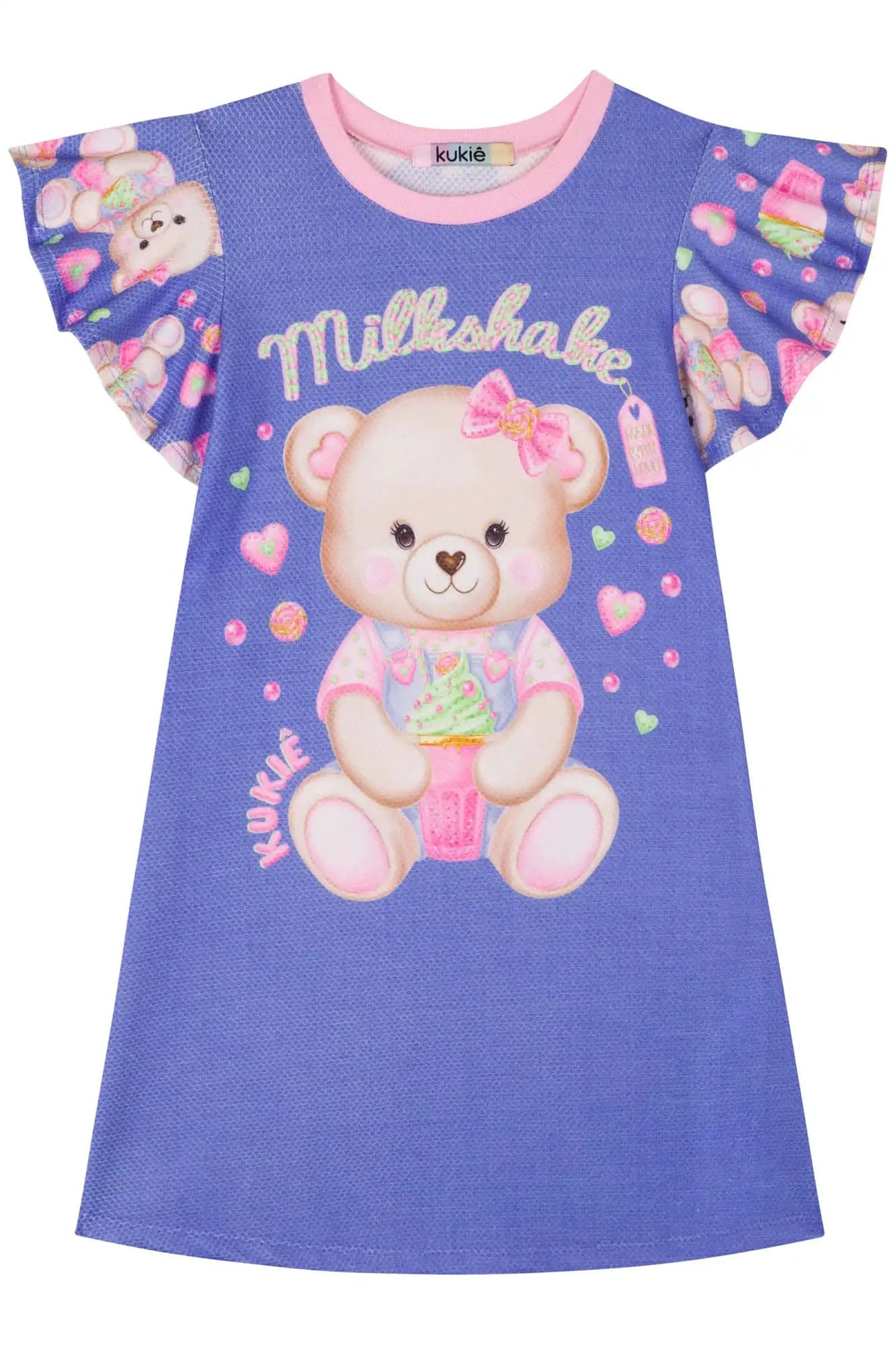 Vestido Infantil Kukiê Verão Azul Ursinha com Strass