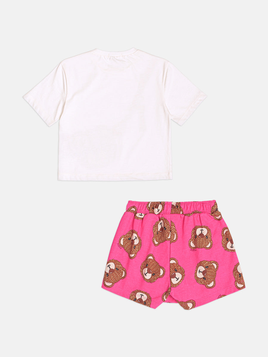 Conjunto Infantil Momi Inverno com Shorts Saia Rosa e Blusa Manga Curta Ursinha Bolsinha